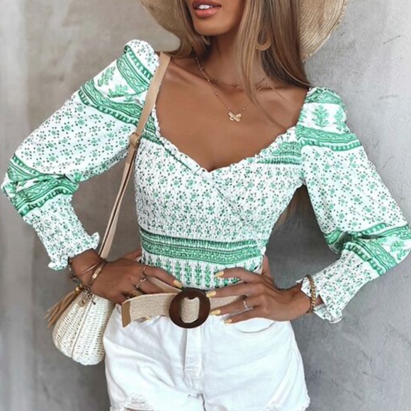 Boho Camel Tan Floral Puff Long Sleeve Crop Top - Picture 8 of 10